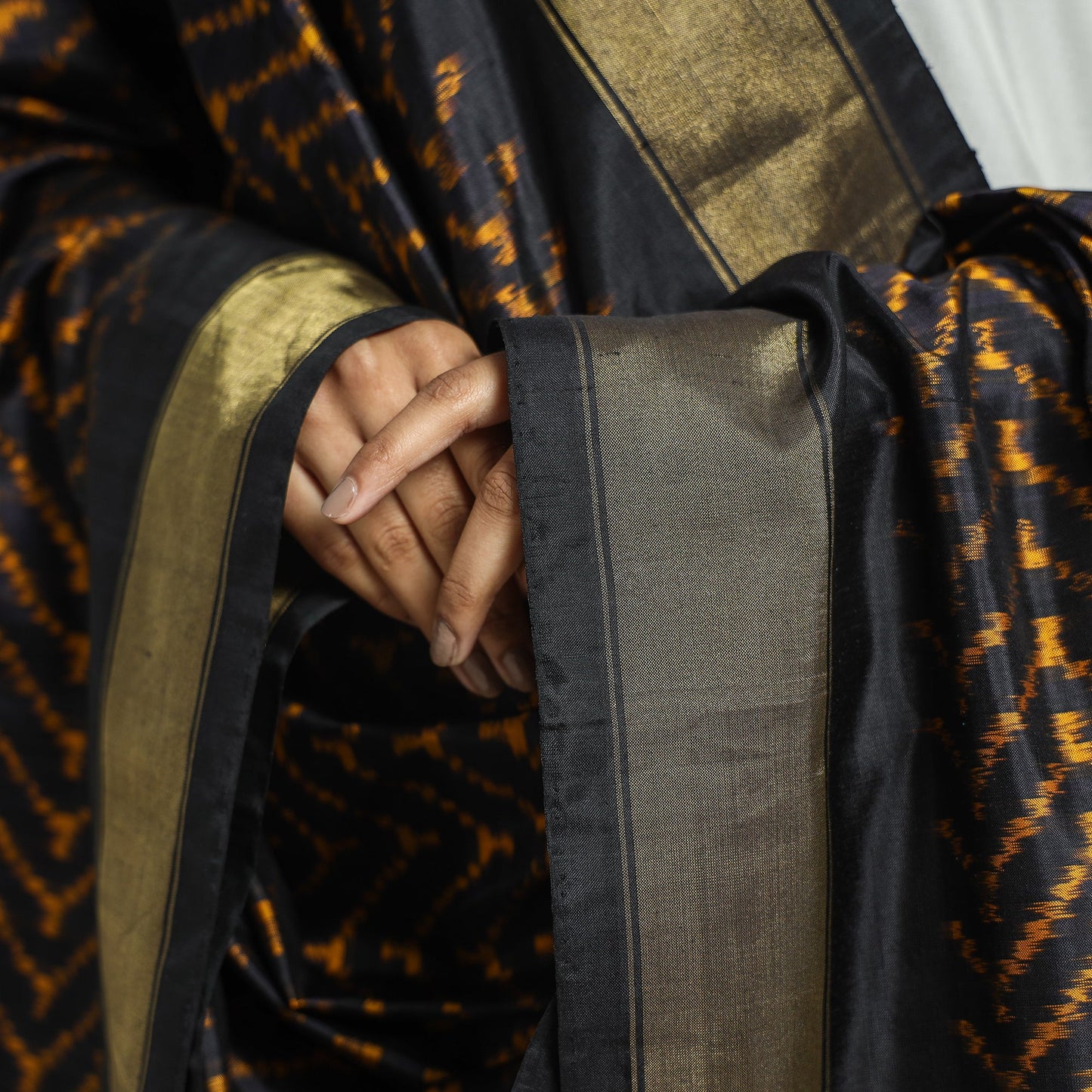 Black - Handwoven Pochampally Ikat Pure Mulberry Silk Dupatta with Tassels