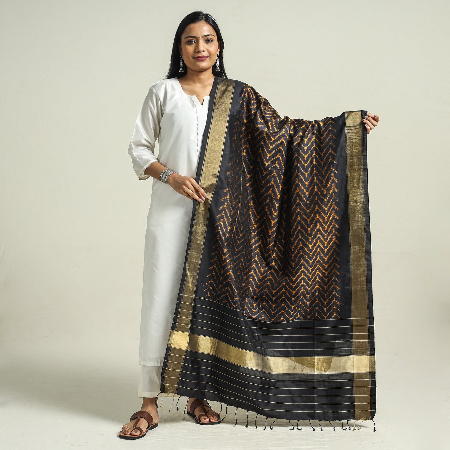Black - Handwoven Pochampally Ikat Pure Mulberry Silk Dupatta with Tassels