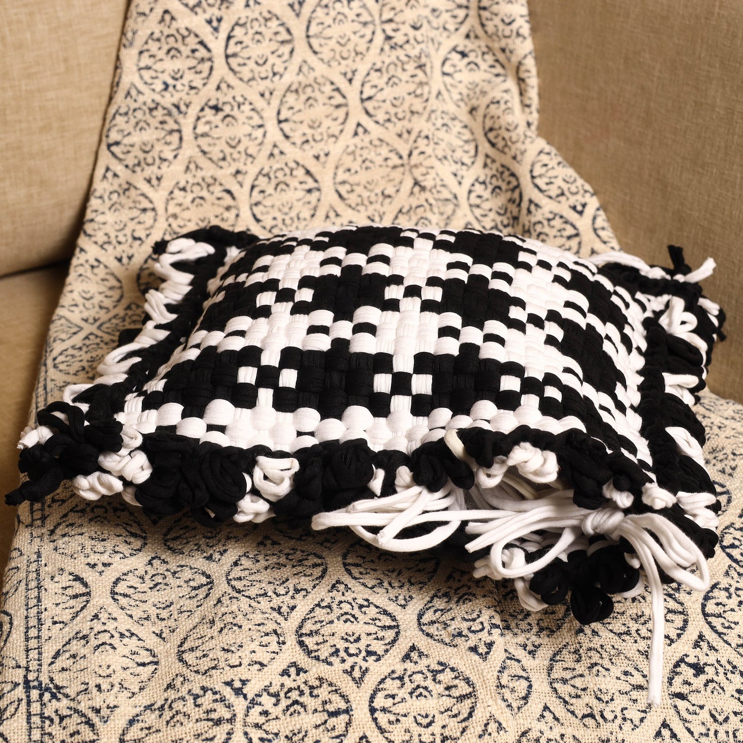 Black - handwoven upcycled cotton cushion cover (12 x 12