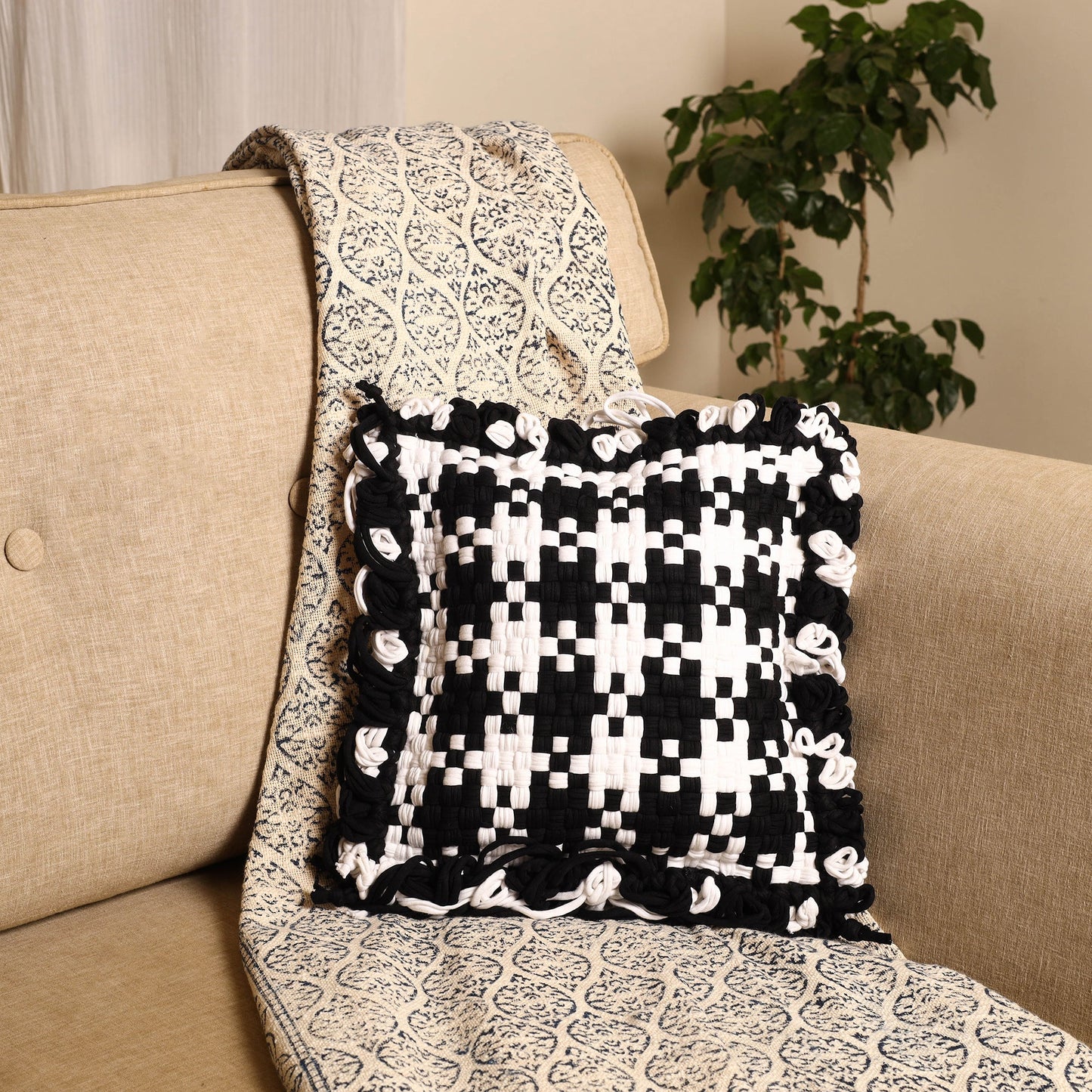 Black - handwoven upcycled cotton cushion cover (12 x 12