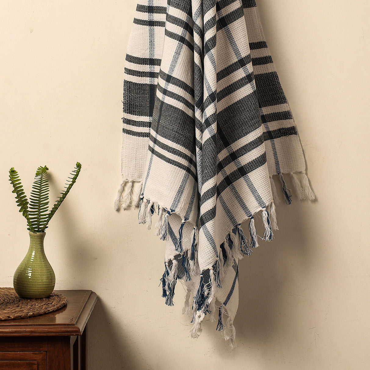 Black - Honeycomb Handloom Cotton Bath Towel From Dehradun