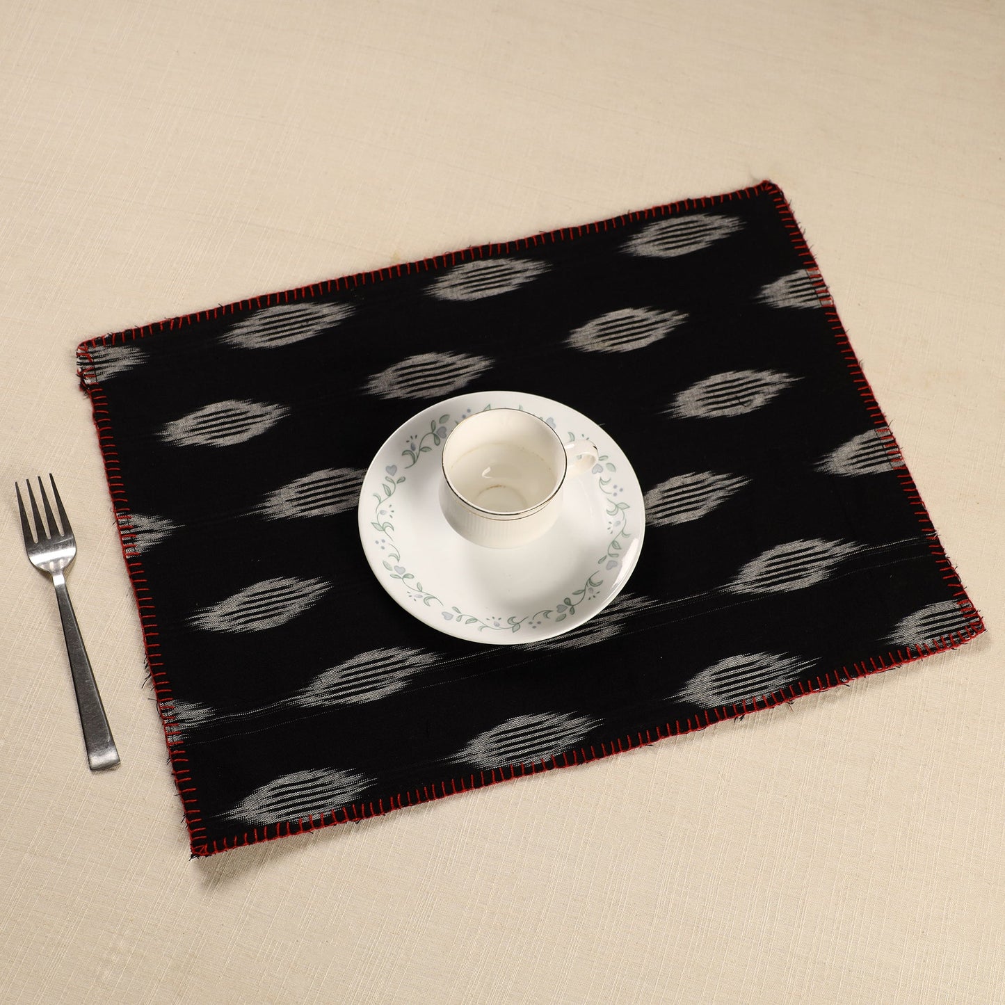  Black Ikat Cotton Hand Embroidery Table Mat (18 x 13 in) 01