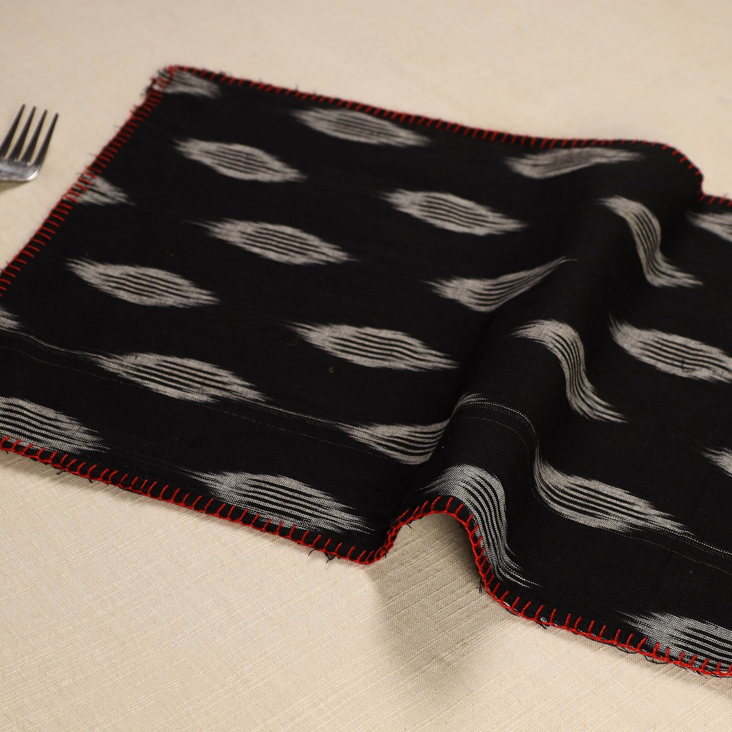  Black Ikat Cotton Hand Embroidery Table Mat (18 x 13 in) 01