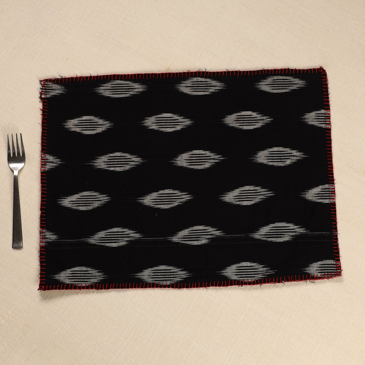  Black Ikat Cotton Hand Embroidery Table Mat (18 x 13 in) 01