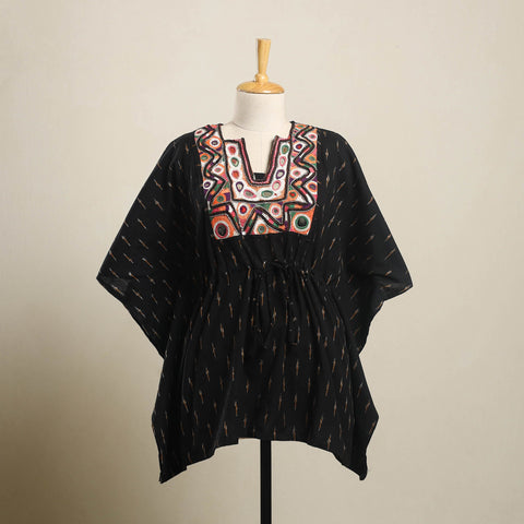  Black Ikat Cotton Kaftan with Desert Thread Embroidery