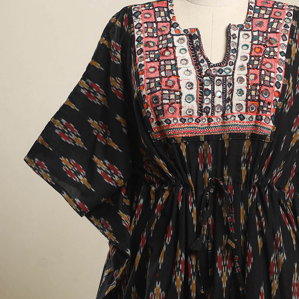 Buy Black Ikat Cotton Kaftan with Desert Thread Embroidery