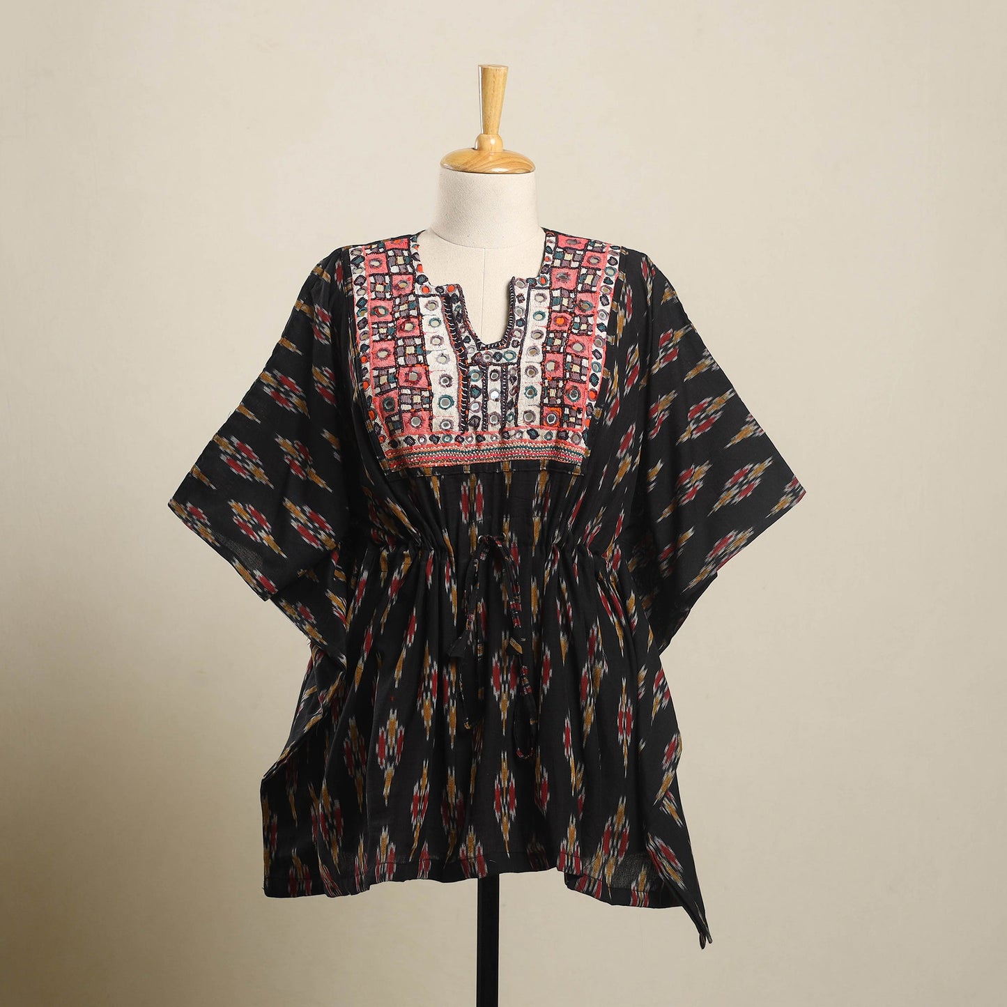 Buy Black Ikat Cotton Kaftan with Desert Thread Embroidery