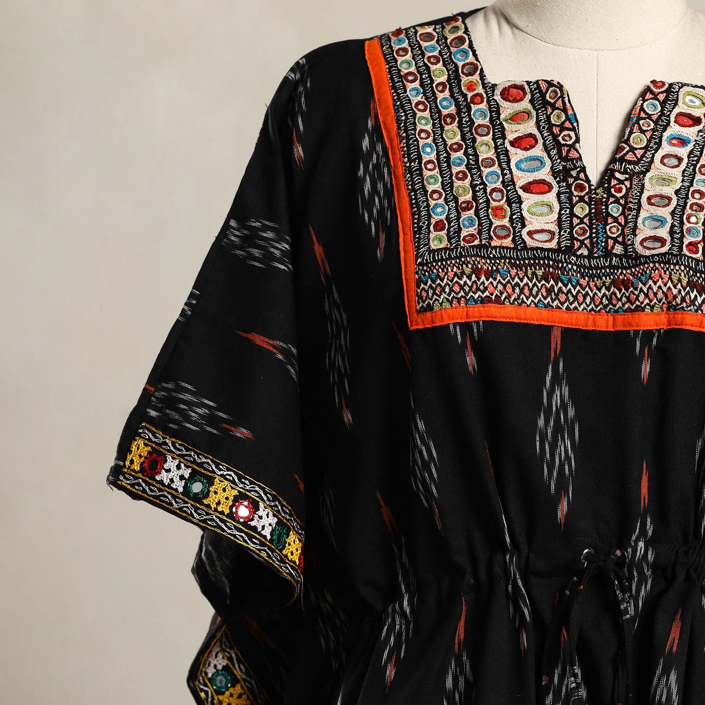 Black Ikat Cotton Kaftan with Desert Thread Embroidery (Short)