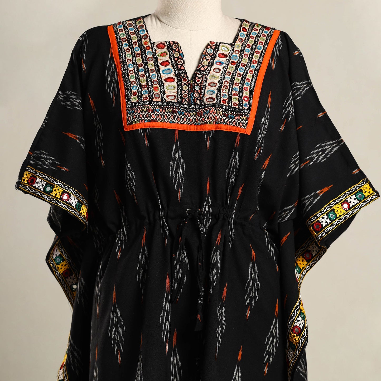 Black Ikat Cotton Kaftan with Desert Thread Embroidery (Short)