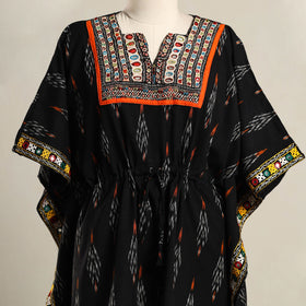 Black Ikat Cotton Kaftan with Desert Thread Embroidery (Short)