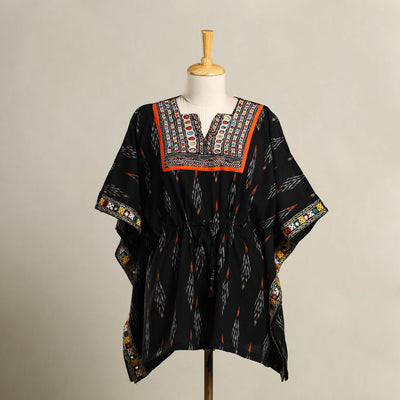 Black Ikat Cotton Kaftan with Desert Thread Embroidery (Short)