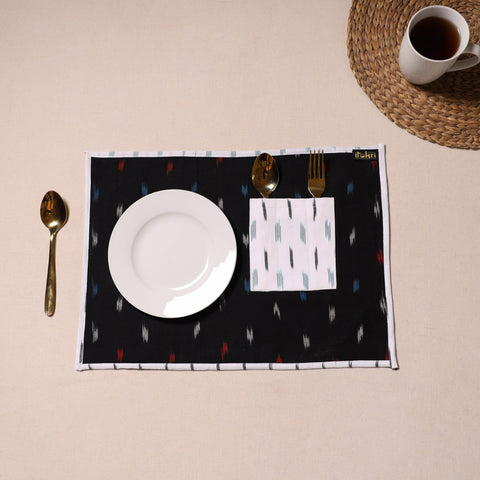 Black Ikat Cotton Table Mat With Pocket