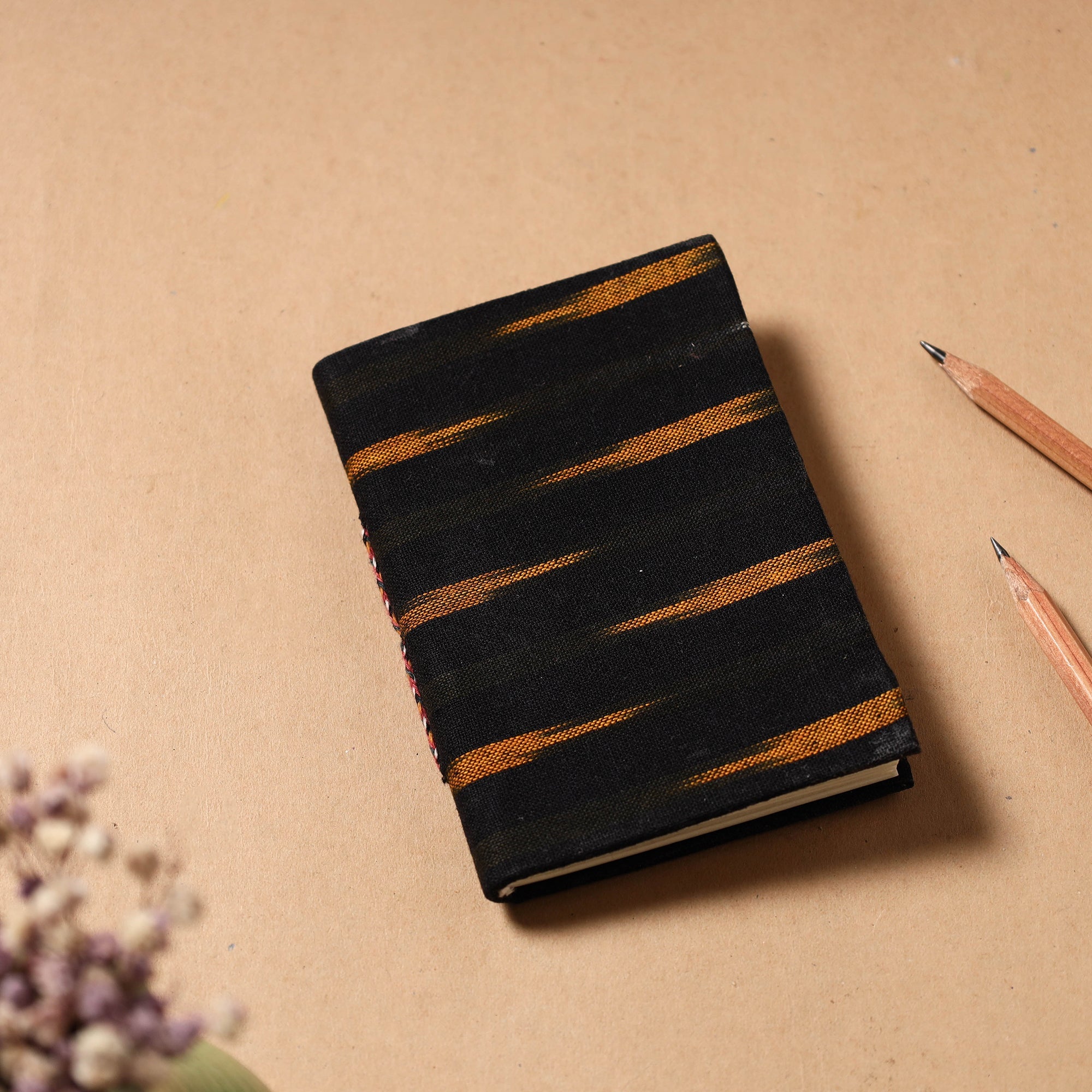 Black - Ikat Fabric Cover Handmade Paper Notebook (9 x 7 in)