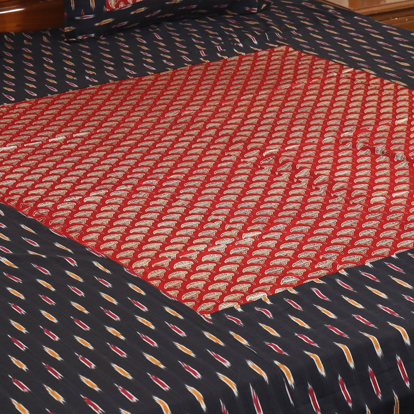 Black - ikat with modal silk patch cotton bedsheet set 29