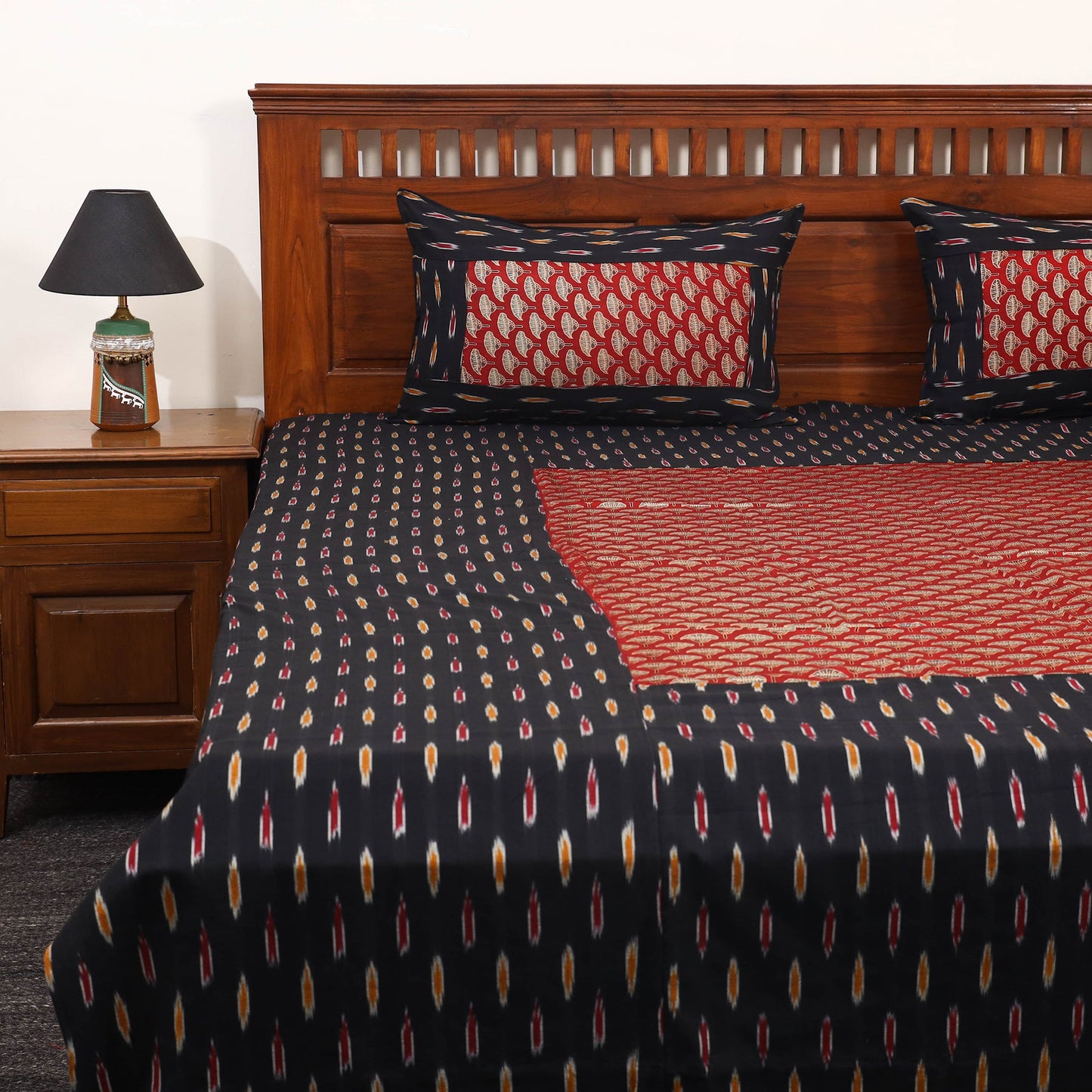 Black - ikat with modal silk patch cotton bedsheet set 29