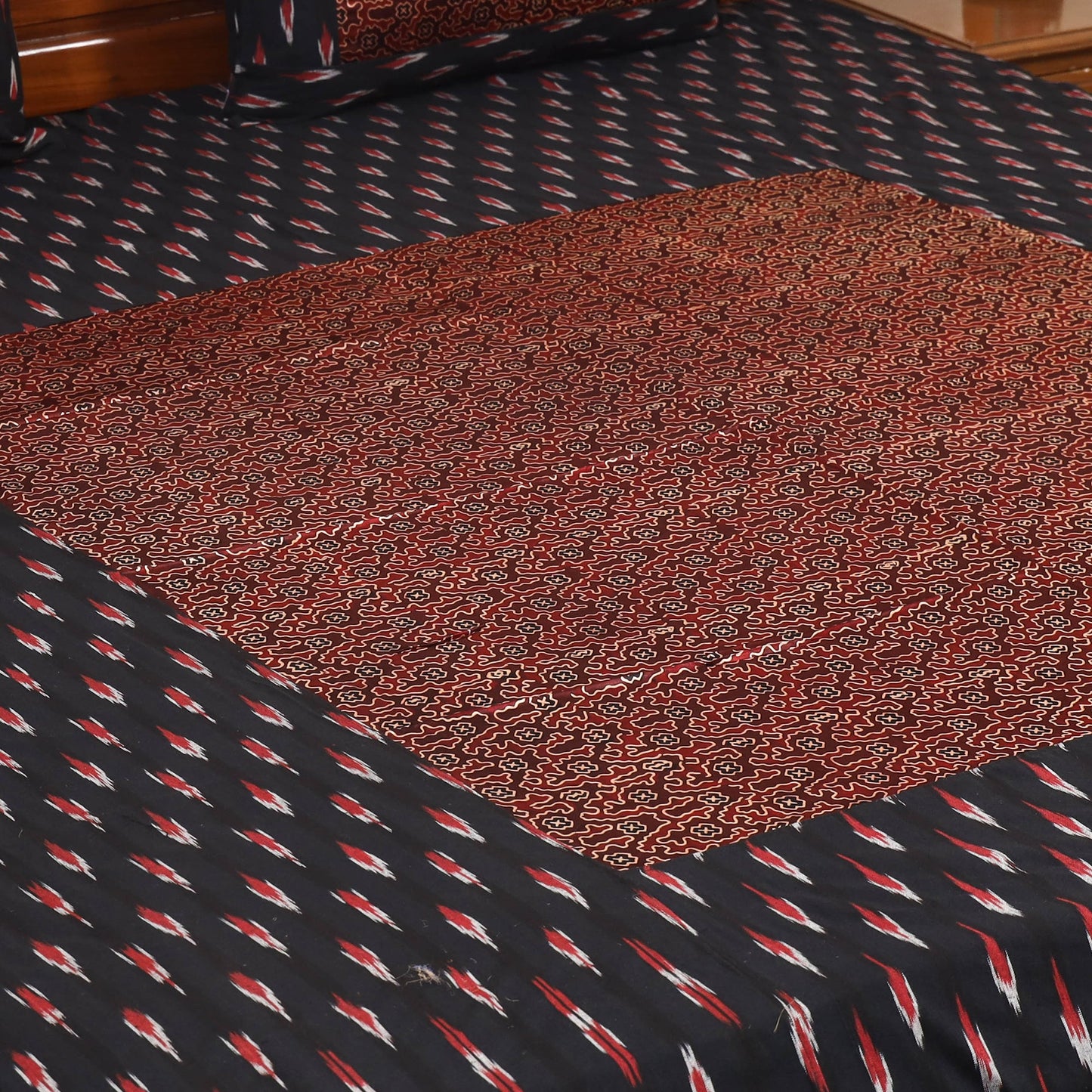 Black - ikat with modal silk patch cotton bedsheet set 33