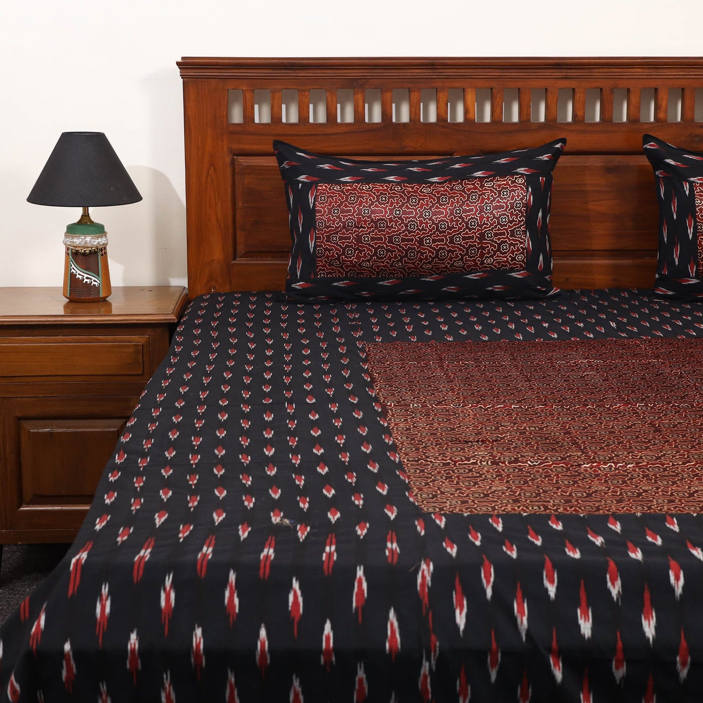 Black - ikat with modal silk patch cotton bedsheet set 33