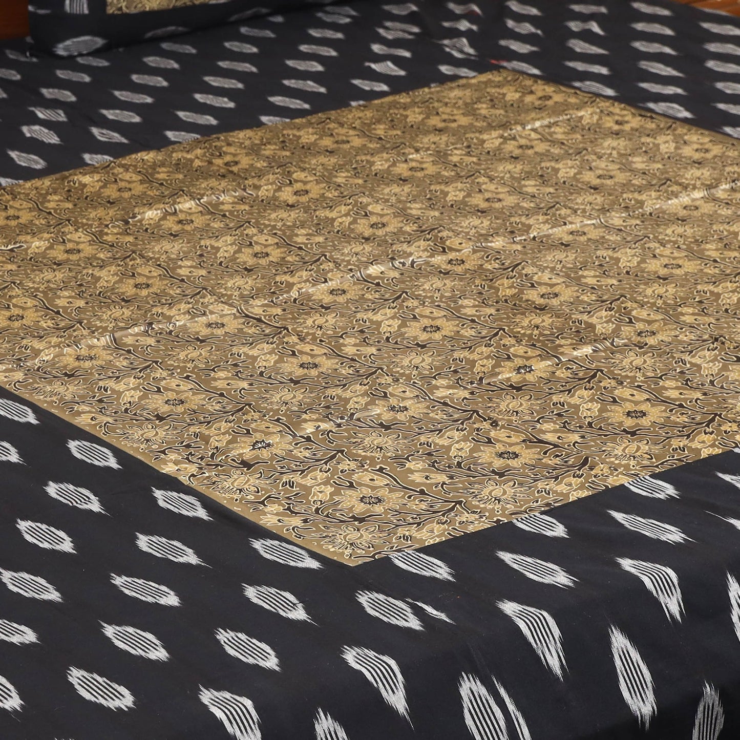 Black - ikat with modal silk patch cotton bedsheet set 35