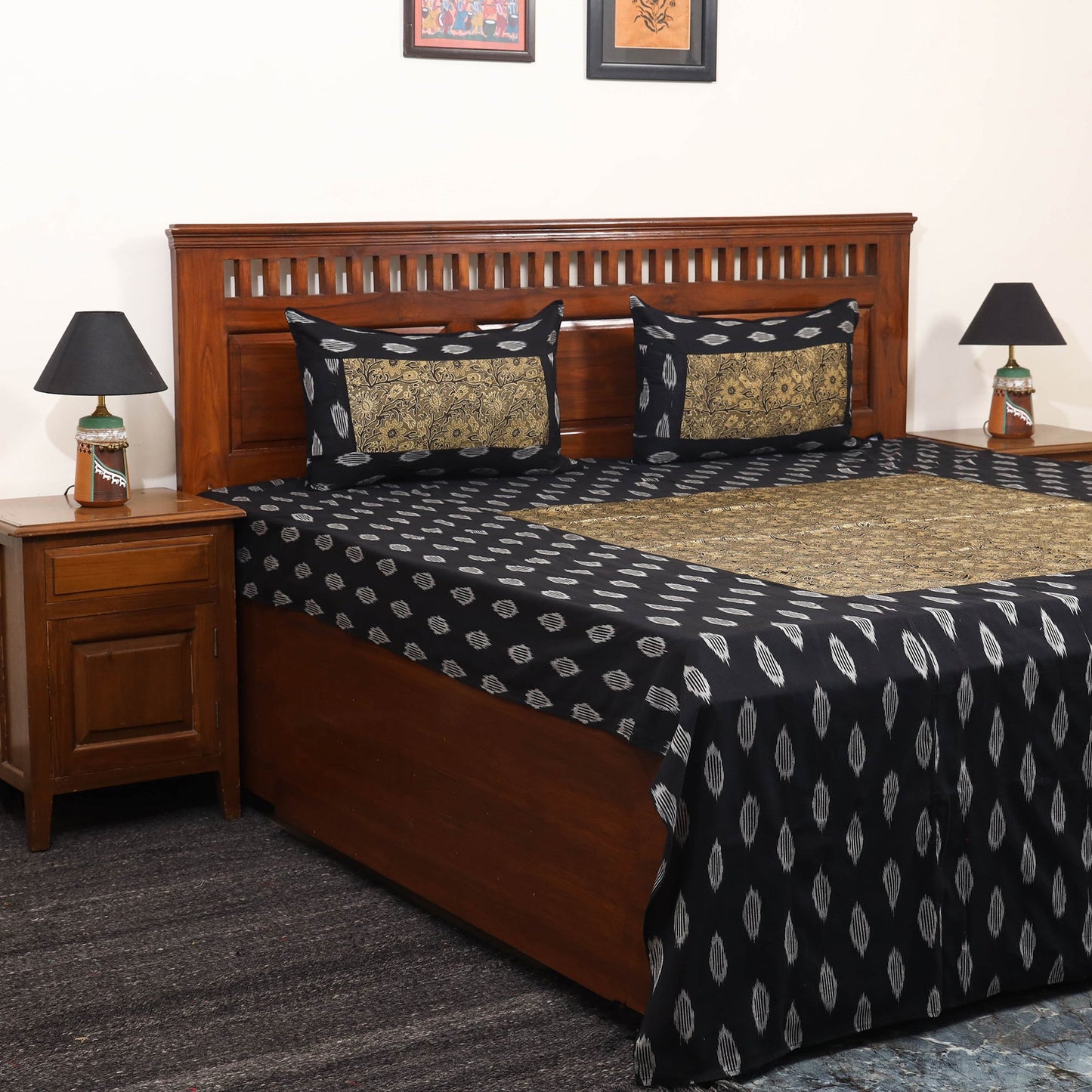 Black - ikat with modal silk patch cotton bedsheet set 35