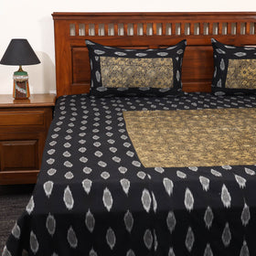 Black - ikat with modal silk patch cotton bedsheet set 35