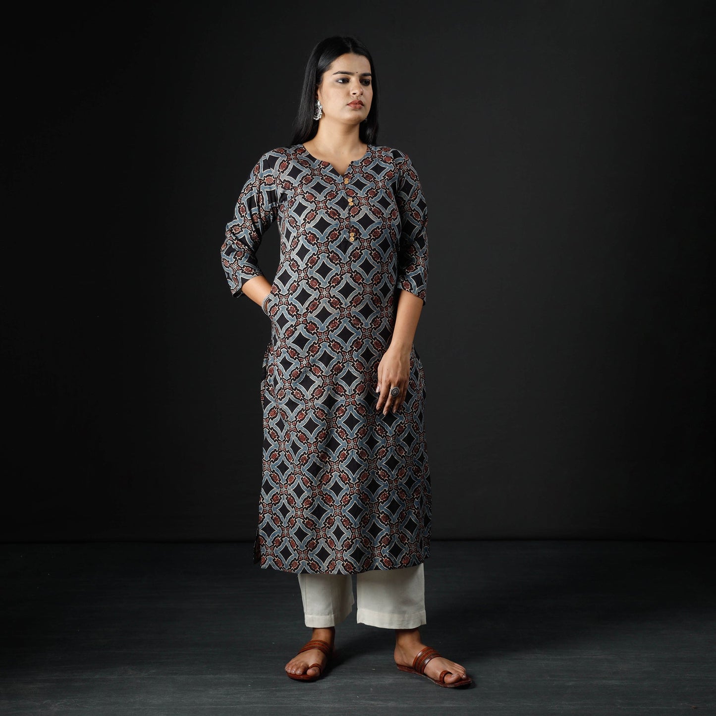  Ajrakh Block Printing Cotton Long Kurta for Women