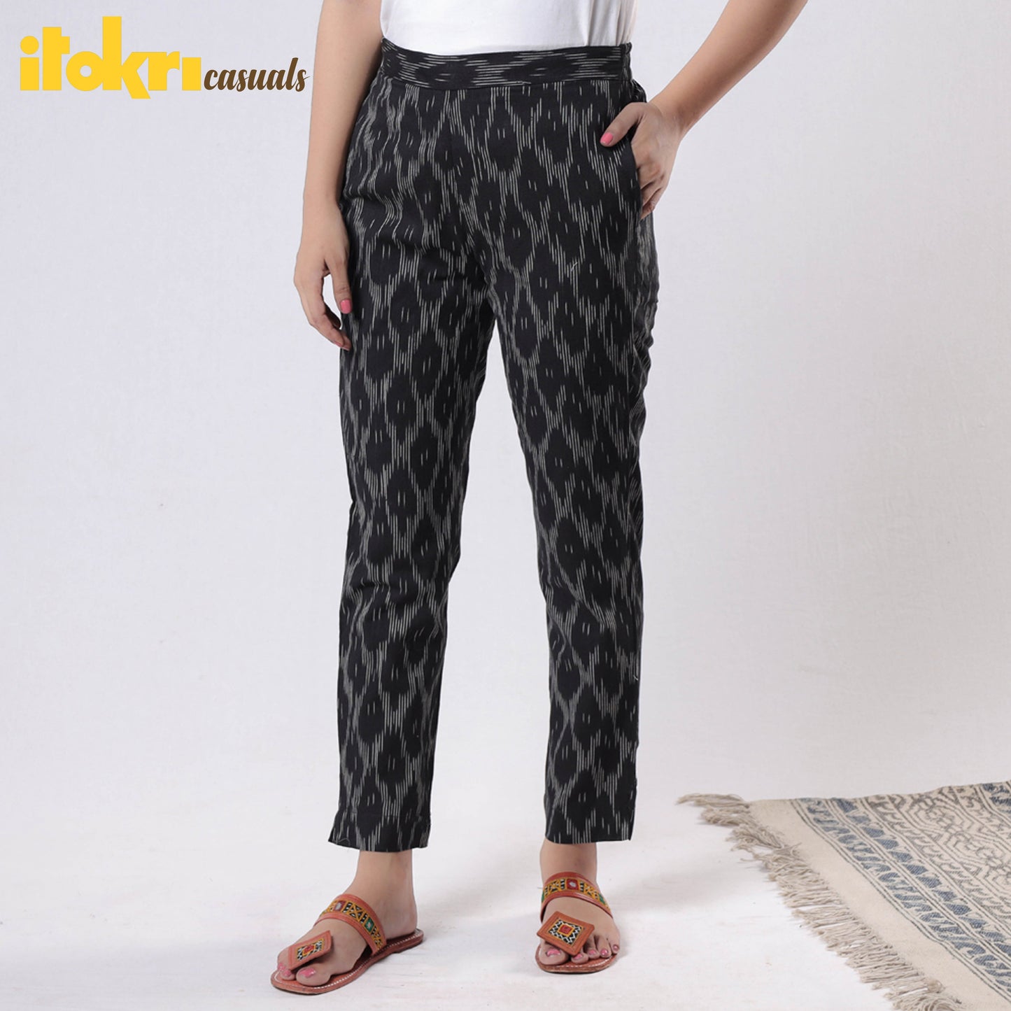  iTokri Casuals - Pochampally Ikat Cotton Tapered Casual Pant for Women 