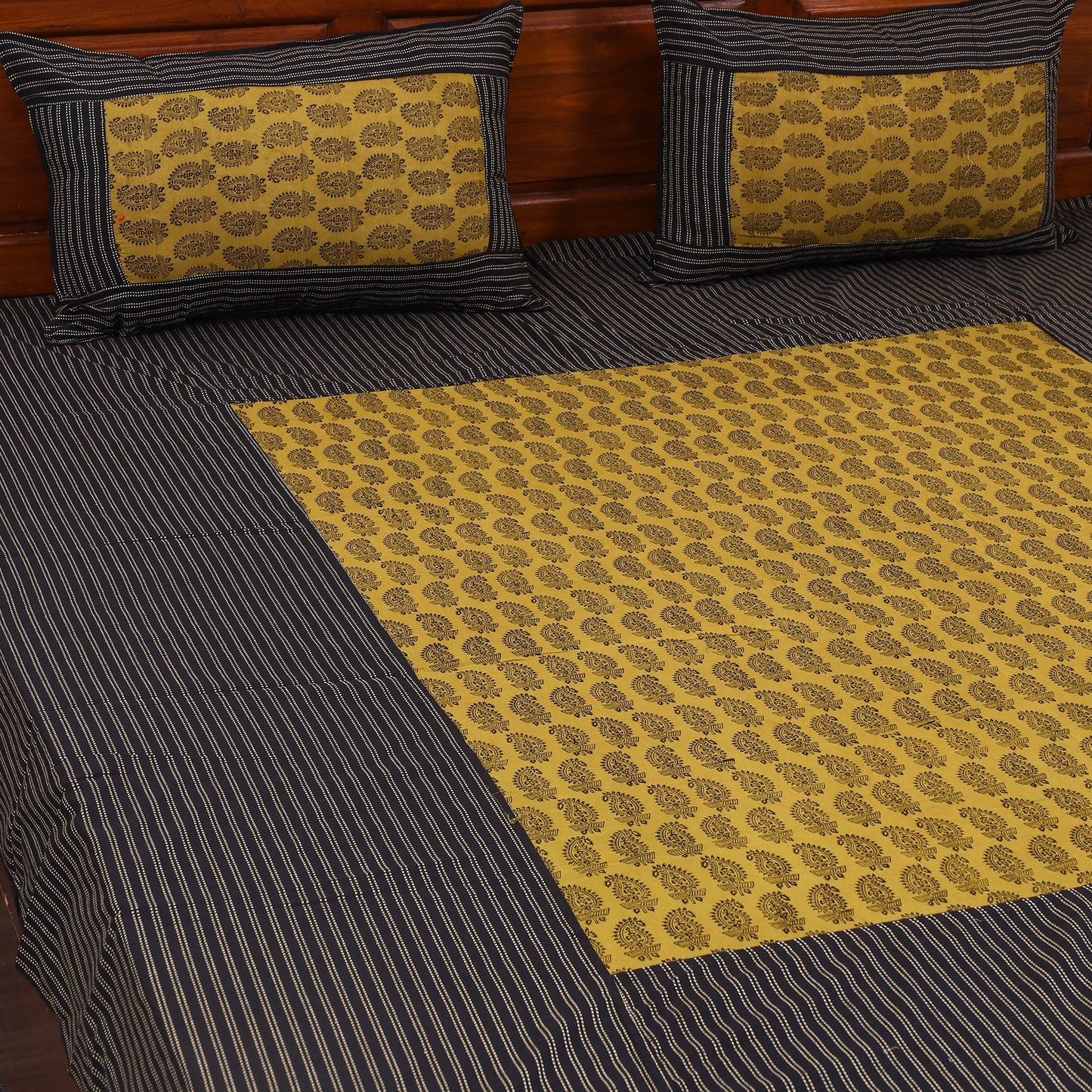 Black - jacquard with bagh patch cotton bedsheet set 12