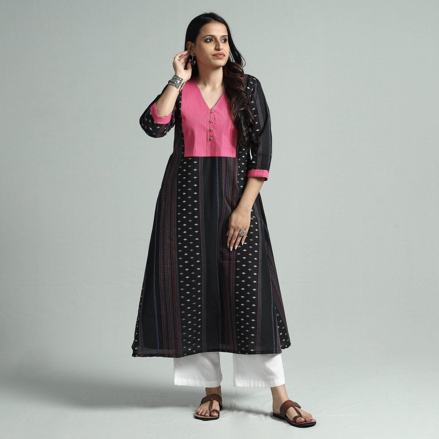 Black jacquard cotton floral kurta - handcrafted
