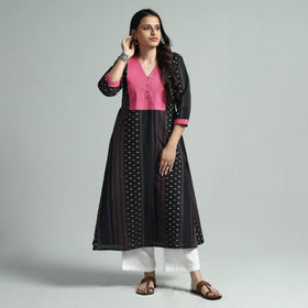 Black jacquard cotton floral kurta - handcrafted