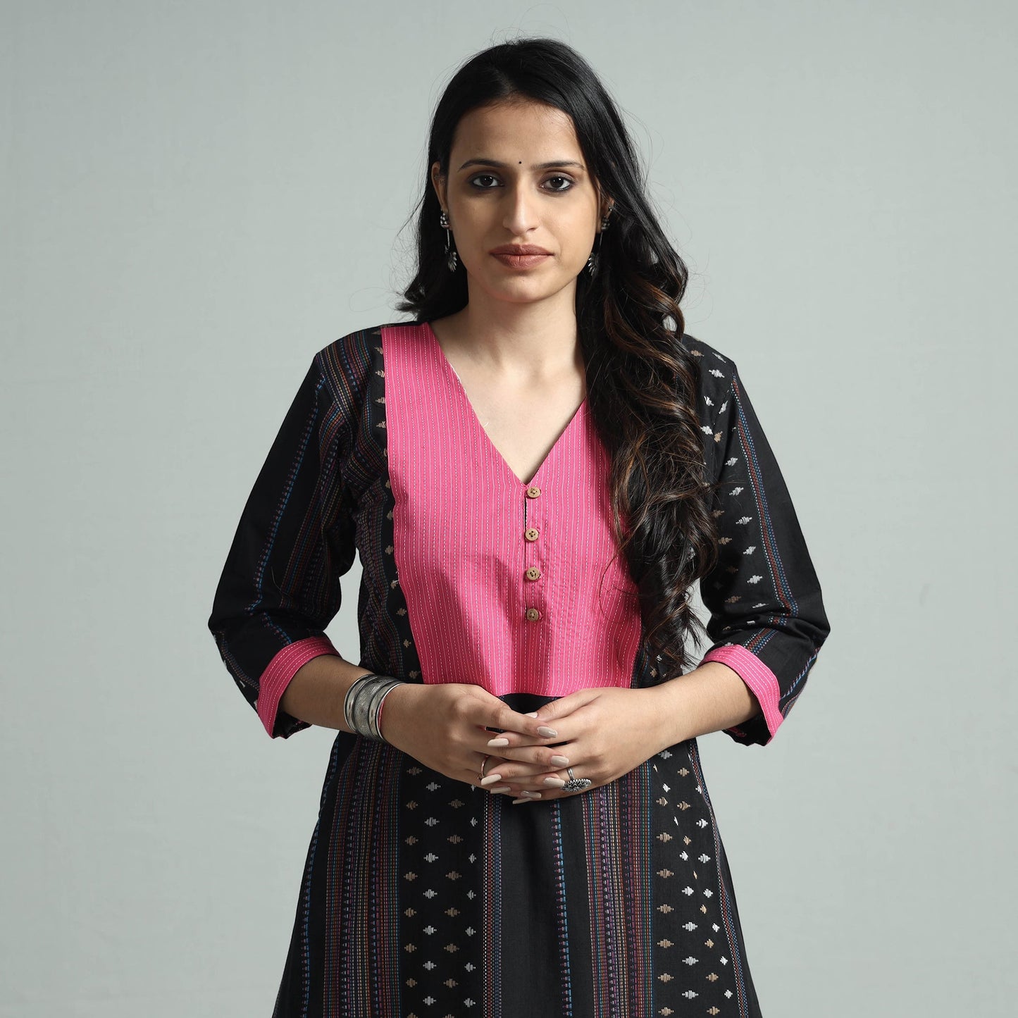 Black jacquard cotton floral kurta - handcrafted