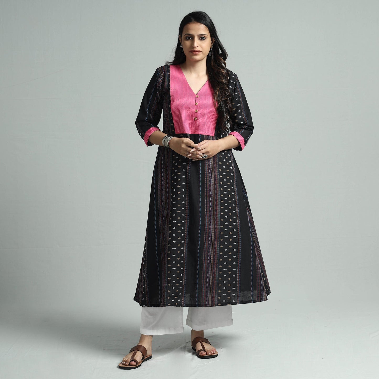Black jacquard cotton floral kurta - handcrafted