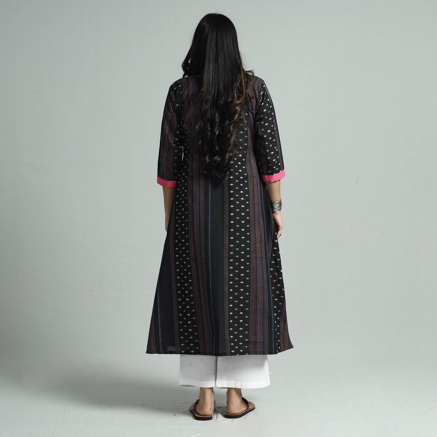 Black jacquard cotton floral kurta - handcrafted