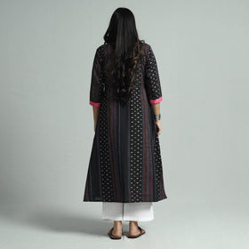 Black jacquard cotton floral kurta - handcrafted