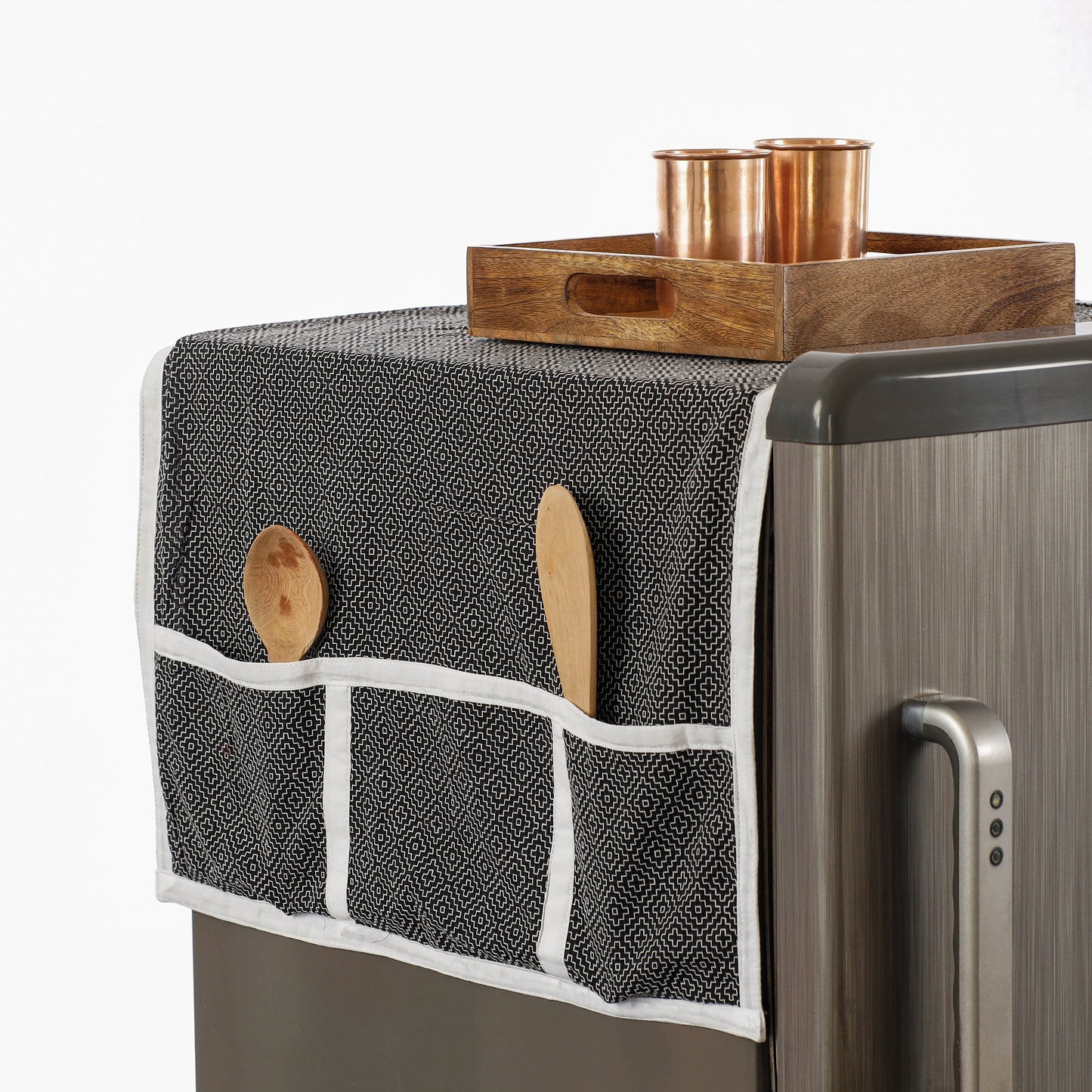 Black Jacquard Cotton Fridge Top Cover with Multiple Pockets 