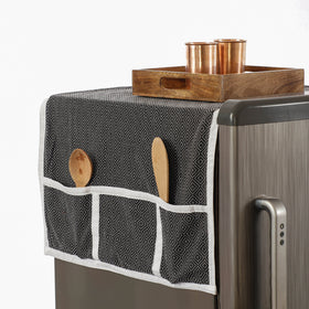 Black Jacquard Cotton Fridge Top Cover with Multiple Pockets 