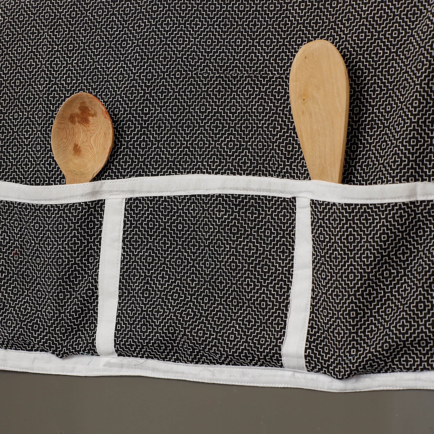 Black Jacquard Cotton Fridge Top Cover with Multiple Pockets 