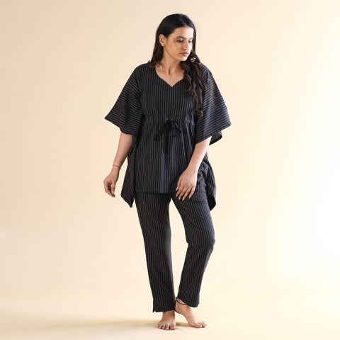 Black jacquard cotton kaftan & pyjama night suit set