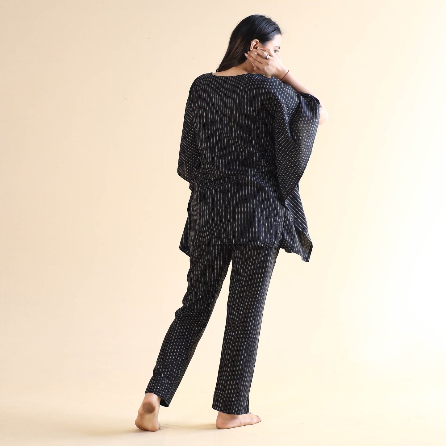 Black jacquard cotton kaftan & pyjama night suit set