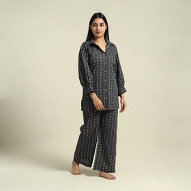  Black Jacquard Cotton Top & Pyjama Night Suit Set