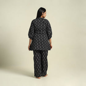  Black Jacquard Cotton Top & Pyjama Night Suit Set