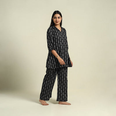  Black Jacquard Cotton Top & Pyjama Night Suit Set