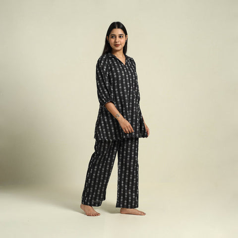  Black Jacquard Cotton Top & Pyjama Night Suit Set