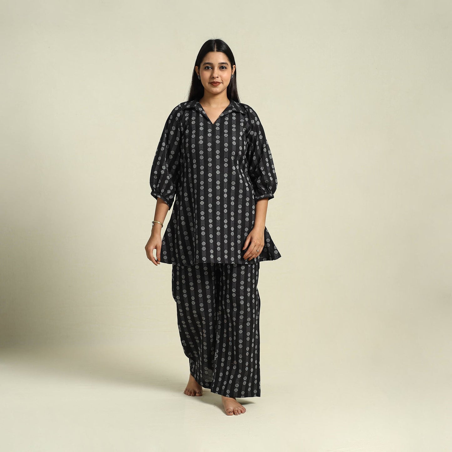  Black Jacquard Cotton Top & Pyjama Night Suit Set