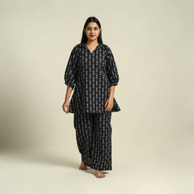  Black Jacquard Cotton Top & Pyjama Night Suit Set