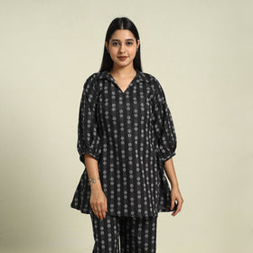  Black Jacquard Cotton Top & Pyjama Night Suit Set