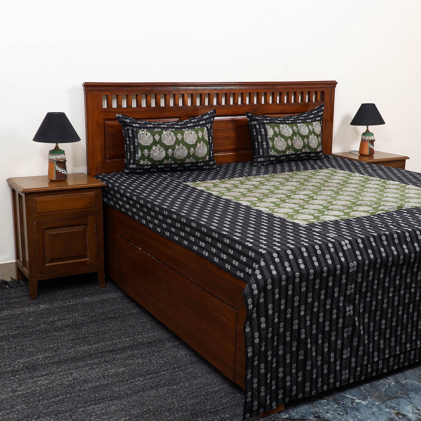 Black Jacquard with Kalamkari Patch Cotton Bedsheet Set