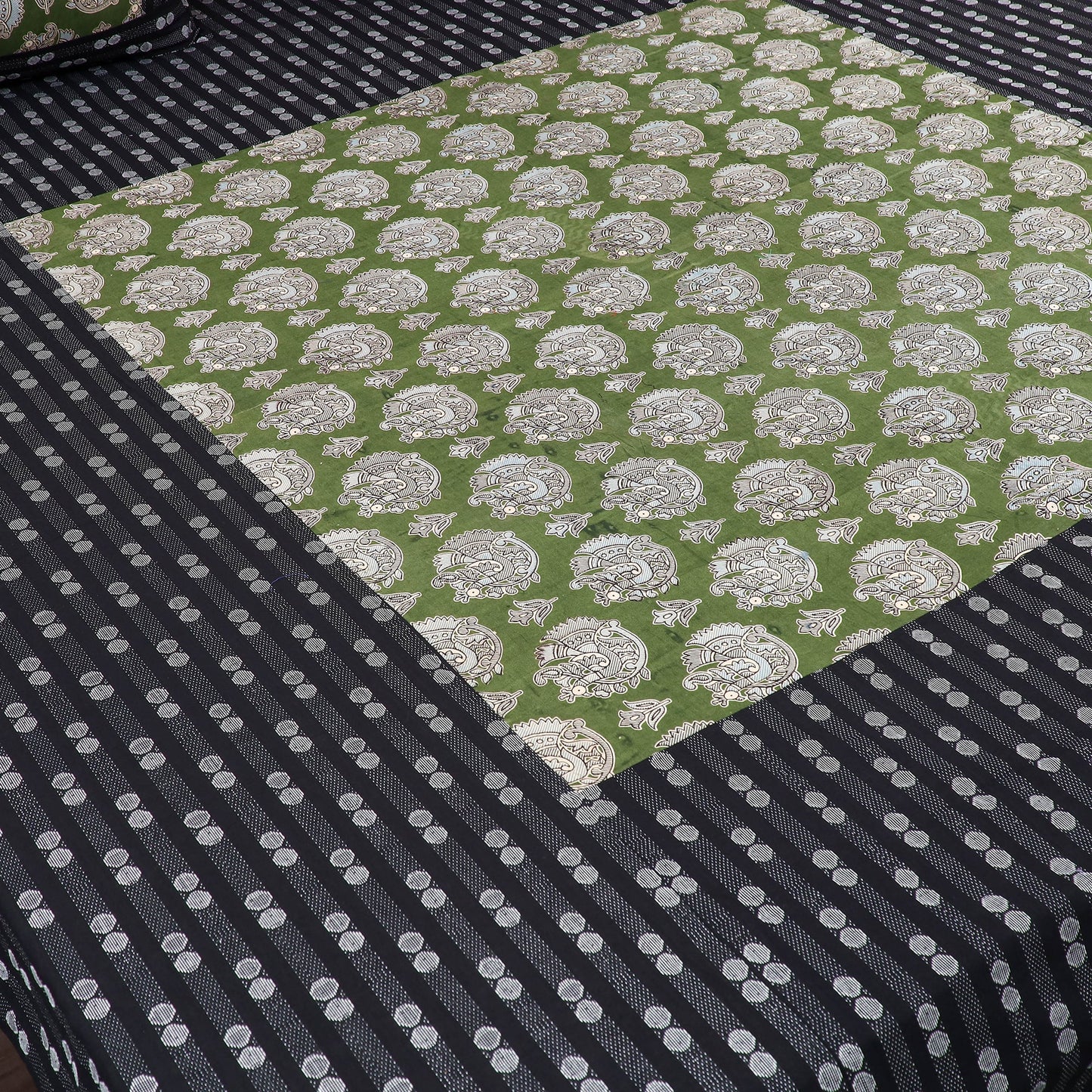 Black Jacquard with Kalamkari Patch Cotton Bedsheet Set