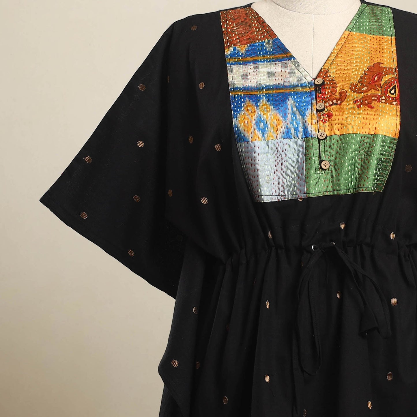 Buy Black Jacquard Kantha Mosaic Fusion Cotton Kaftan