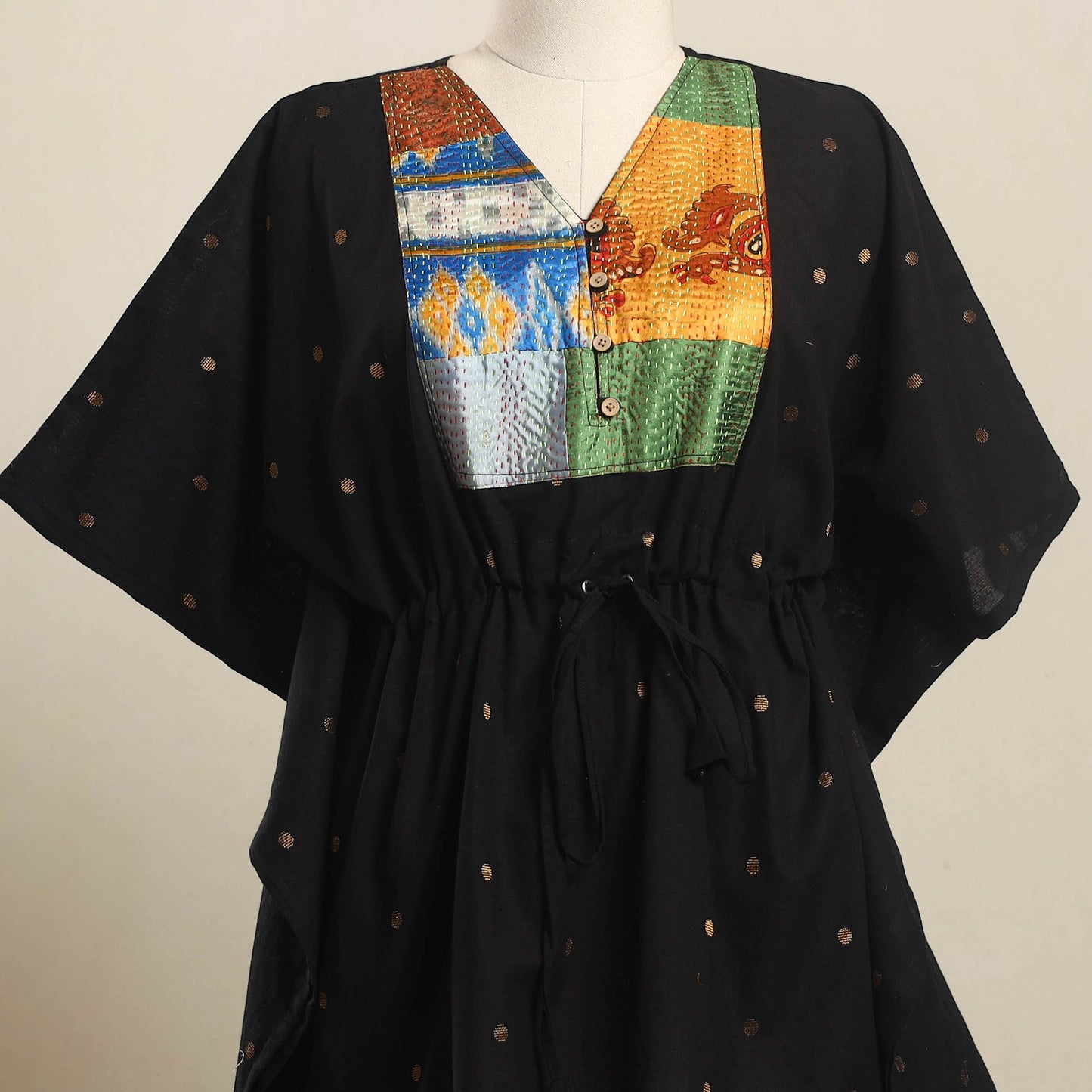Buy Black Jacquard Kantha Mosaic Fusion Cotton Kaftan