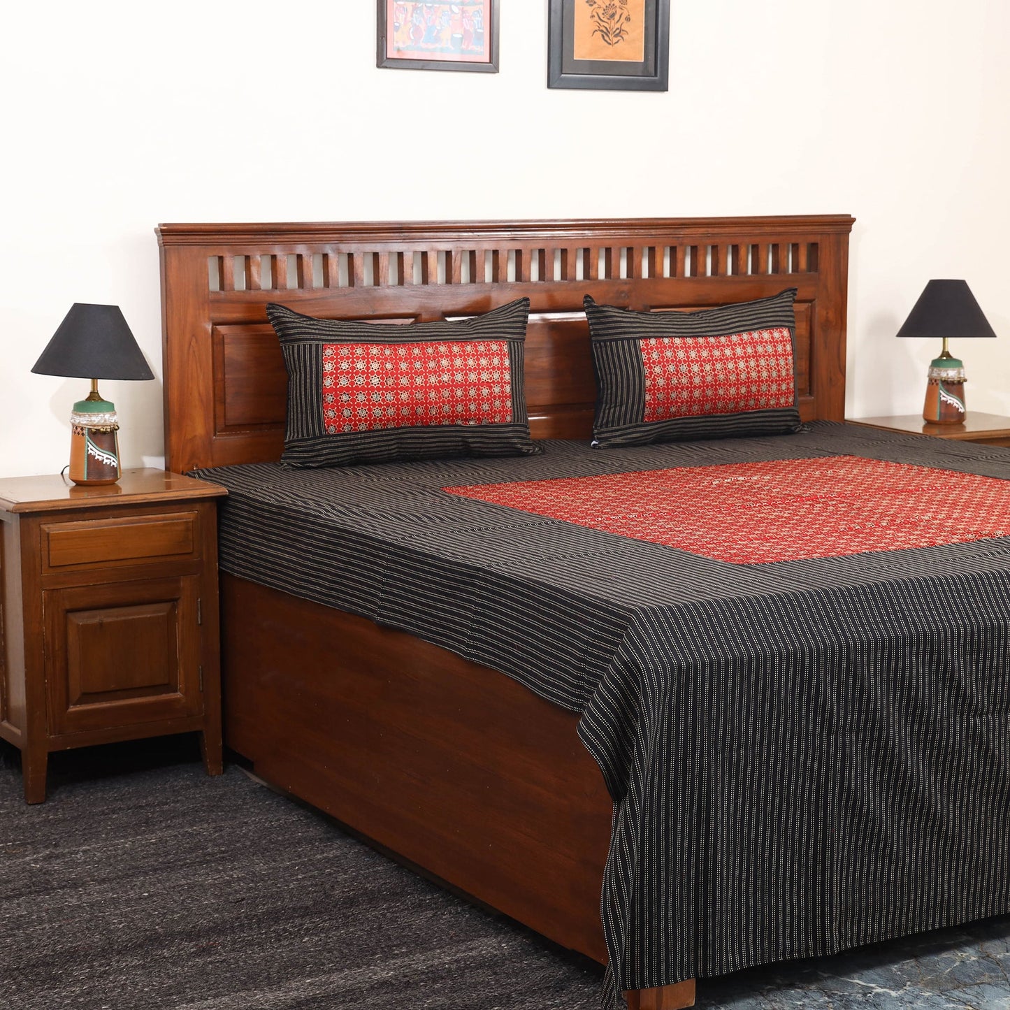 Black Jacquard with Ajrakh Modal Silk Patch Cotton Bedsheet Set